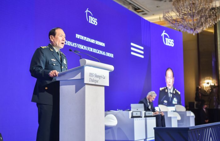 Chinese General Wei Fenghe giving his address at the Fifth Plenary of the Shangri-La Dialogue in Singapore on June 12, 2022. (Source: IISS via Flickr, with permissions, https://www.flickr.com/photos/iiss_org/52139696613/in/album-72177720299724247/)