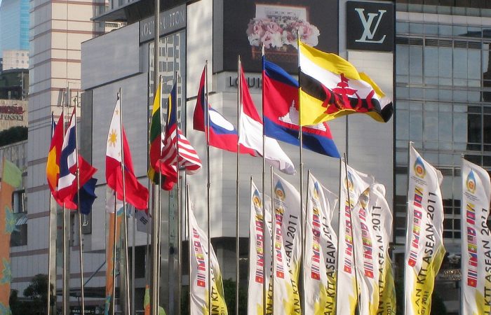 The flags of ASEAN nations raised in MH Thamrin Avenue, Jakarta, during 18th ASEAN Summit, Jakarta, 8 May 2011. (Credit: Gunawan Kartapranata, CC-BY-3.0)