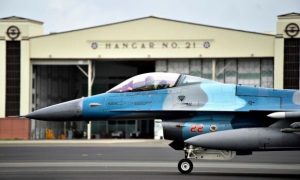 An F-16 Fighting Falcon pilot assigned to the 18th Aggressor Squadron taxis back to his staging area during Sentry Aloha 20-1 at Joint Base Pearl Harbor-Hickam, Hawaii, Jan. 14, 2020. Two teams of fourth generation F-16s simulated combat with fifth generation F-22 Raptors to prepare participating units for 21st century combat. (U.S. Air Force photo by Senior Airman Beaux Hebert)