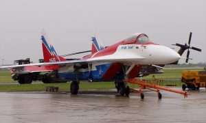 Mikoyan MiG-29M-OVT, parked on Berlin Air Show 2006 after a demonstration flight using thrust vectoring, May 20, 2006. "Akrisios grants anyone the right to use this work for any purpose, without any conditions, unless such conditions are required by law."