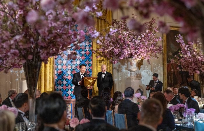 President Joe Biden and First Lady Jill Biden host a State Dinner for President Yoon Suk Yeol of the Republic of Korea and Mrs. Kim Keon Hee, Wednesday, April 26, 2023, in the East Room of the White House. (Official White House Photo by Cameron Smith, Public Domain)